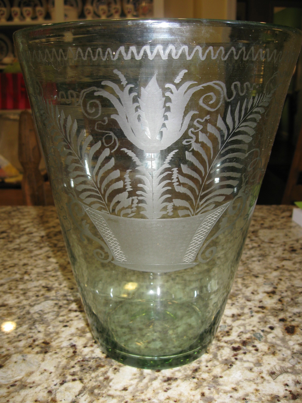 Etched Green Glass Vase Antiques Board