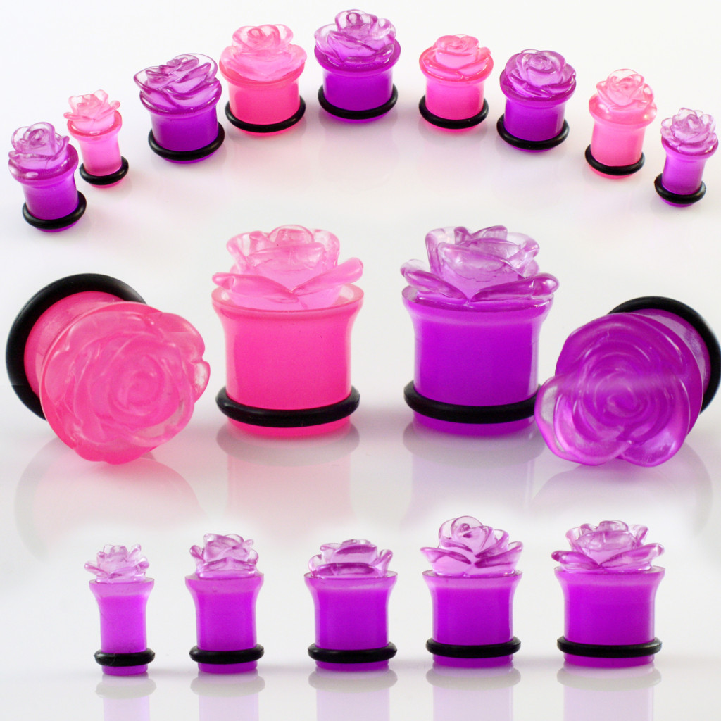 Pair-of-Pink-Acrylic-Carved-Rose-Flower-Plugs-Ear-Gauges-2G-0G-00G-7-16-1-2