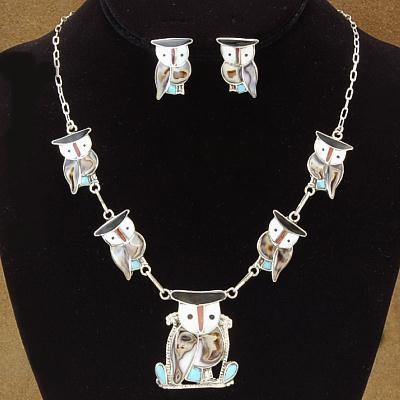 Sterling Silver ZUNI Turquoise OWL INLAY Necklace Set