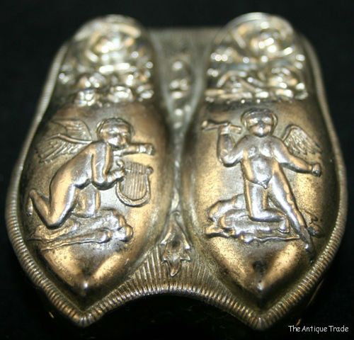 Vintage Dutch white metal a pair of clogs shaped miniature trinket box