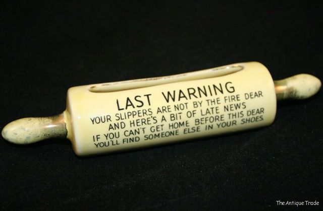 Vintage 30s ceramic Rolling pin ornament Wife message to Husband holder