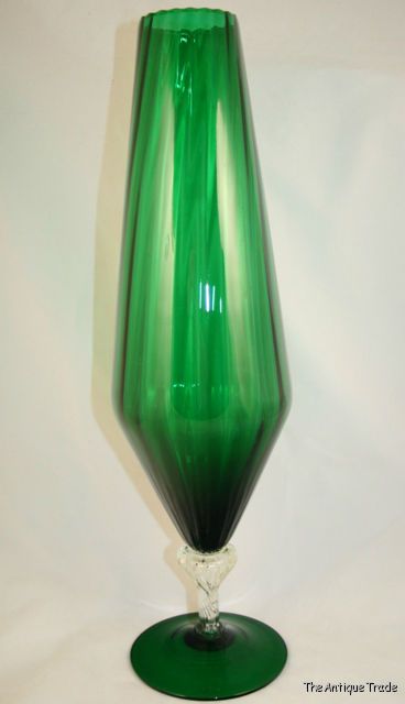 1950s Italian Venetian hand blown emerald green art glass giant 18 inches Vase