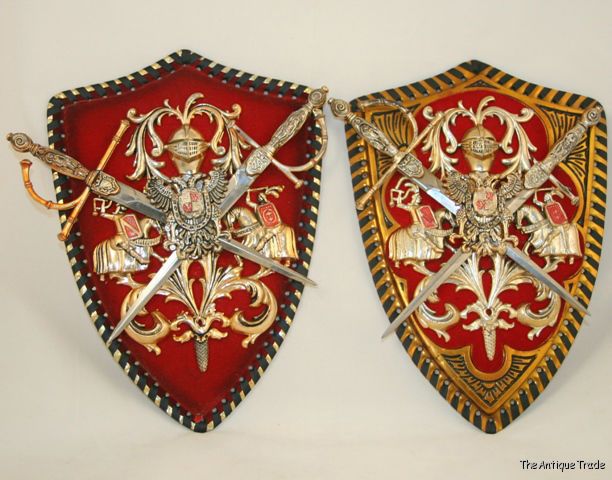 2 x Vintage Coat of Arms ornaments with letter opener swords