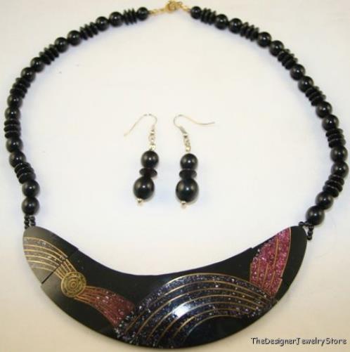 Vintage Art Deco Necklace set brass inlay Bakelite