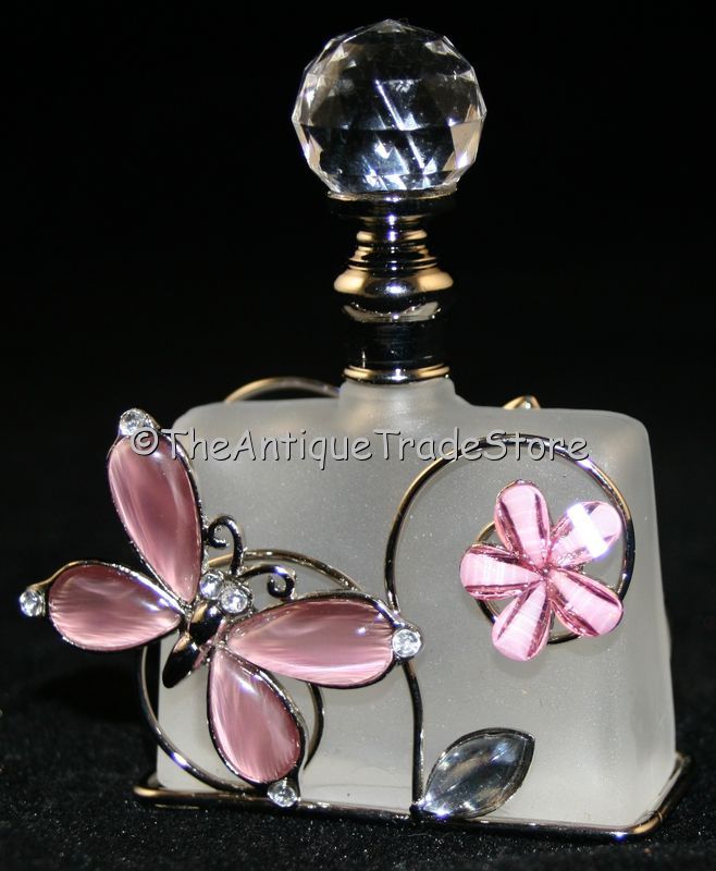 Retro metal pink crystals glass Perfume scent bottle