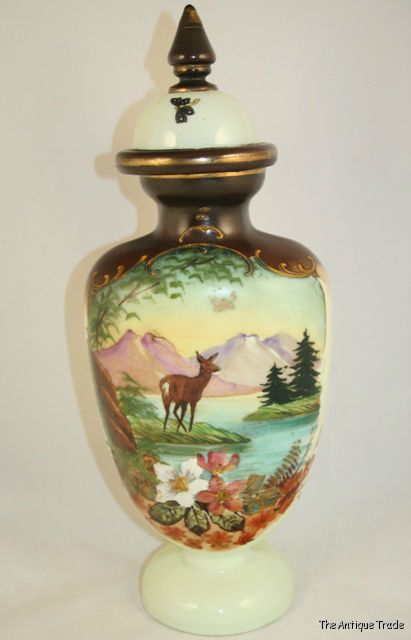 Antique Bohemian mid 19c hand painted opaque Jadite Uranium glass large urn vase