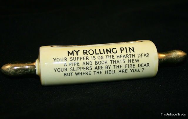 Quirky Vintage 30s ceramic Rolling pin ornament Wife message to Husband holder