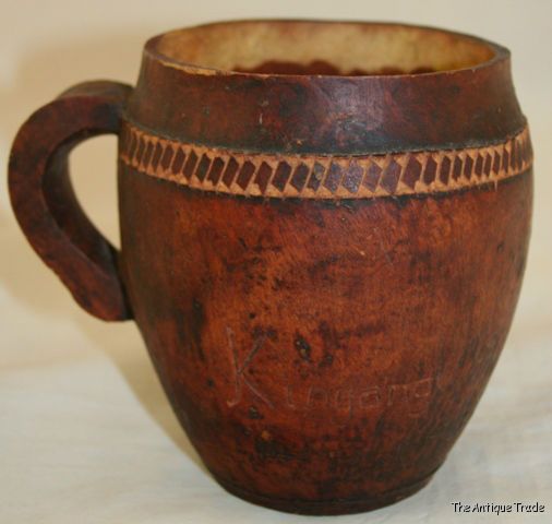 Vintage African tribal art wood and carved dried fruit Kingangi cup mug