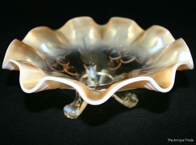 Antique circa 1900s Dugan glass Peach opalescent scalloped footed carnival dish