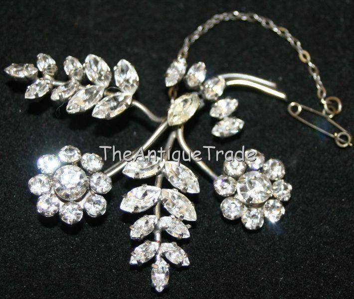 Antique Jewelry Brooch Wihite metal with crystals