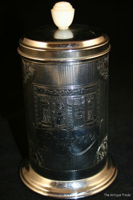 Vintage British chrome Old English Shop display small jar for Preserves