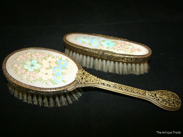 Vintage British highly decorative brass 2 nylon brush set