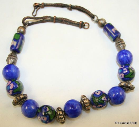 Vintage Jewelry Hand painted blue ceramics Necklace probably Italian