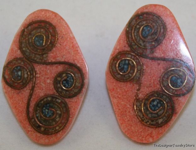 Vintage Art Deco brass inlay Earrings clips