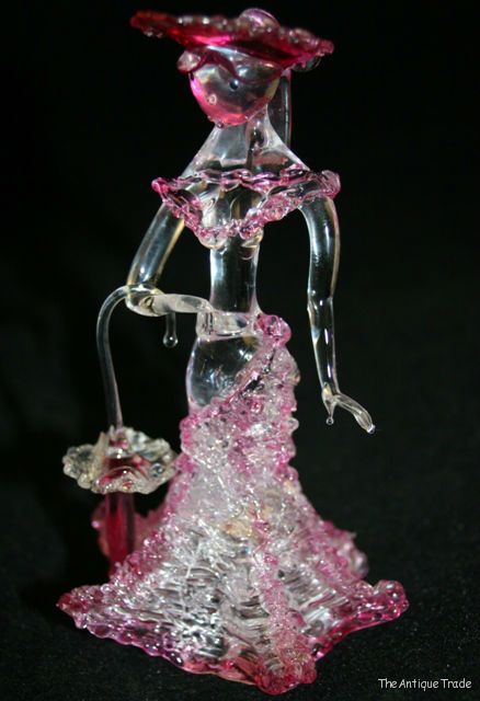 Exquisite Bohemian hand made art Cranberry glass Lady with Umbrella ornament