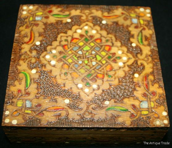 Vintage Hand made Buddhist wooden trinket box with stylized endless knot