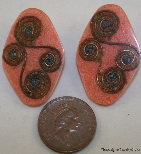 Vintage Art Deco brass inlay Earrings clips