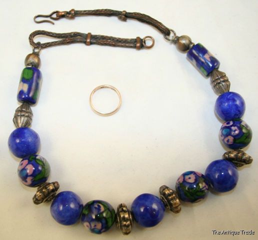 Vintage Jewelry Hand painted blue ceramics Necklace probably Italian