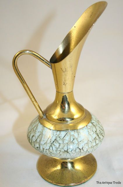 Vintage Dutch 30s Art Deco hand painted Delft pottery brass decorated jug