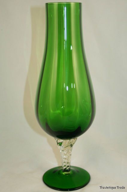 1950s Venetian hand blown emerald green art glass oil lamp shaped Vase 13 inches