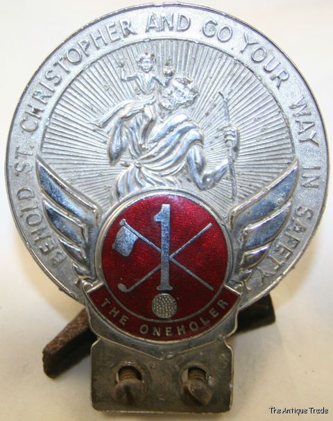 Vintage 30s Golf cart or car Mascot Emblem The Oneholer Behold St Christoper