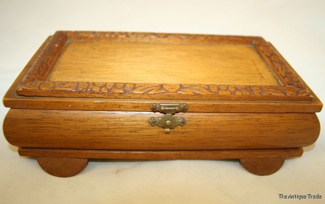 Vintage hinged wood trinket Box with carved decoration