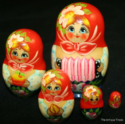 Set of 5 Russian hand painted Matryoshka wooden nesting dolls of decreasing size