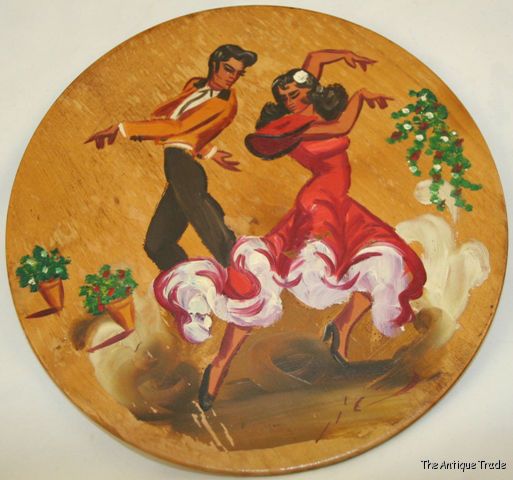 Vintage 1950s Spanish wooden hand painted decorative plate Flamenco dancers