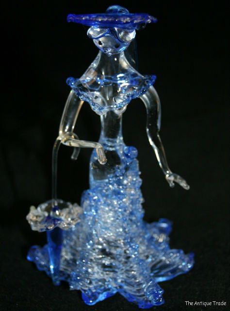 Exquisite Bohemian hand made art Blue glass Lady with Umbrella ornament