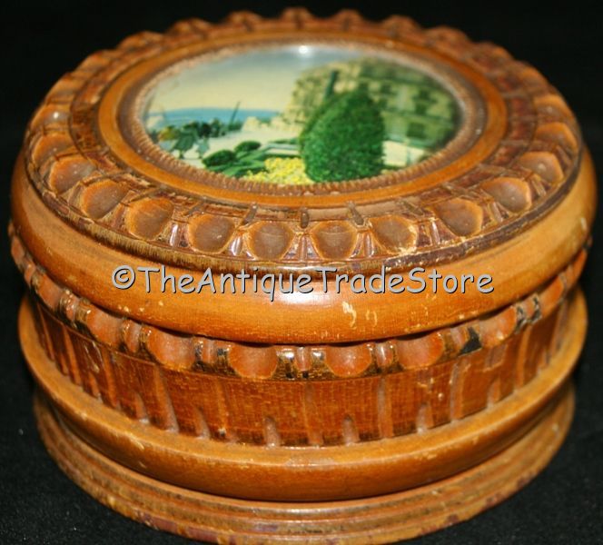 Vintage carved wood picture lid Powder puff box
