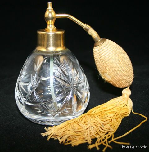Vintage carved glass Edinburgh lead crystal perfume scent bottle with atomizer
