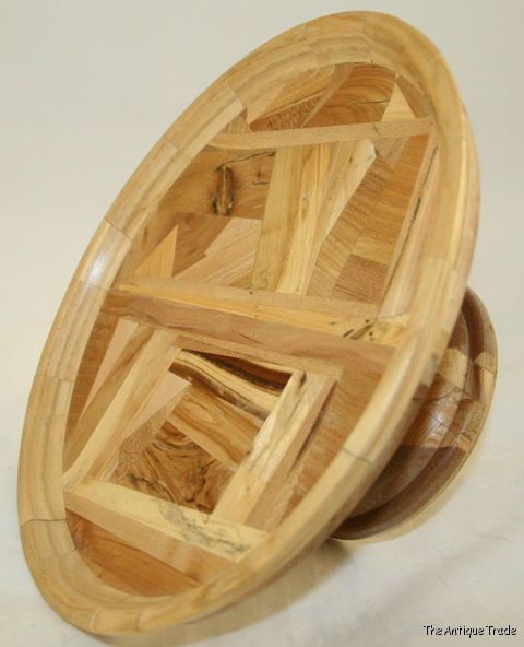 Strange multiple glued recycled woods hand turned wooden cake stand