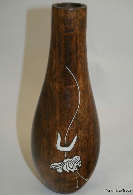 Vintage wood vase with shell inlay