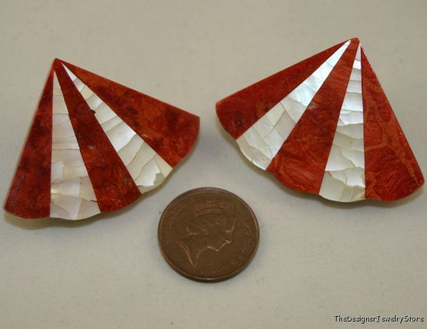 Vintage Art Deco stone inlay Earrings clips  je19