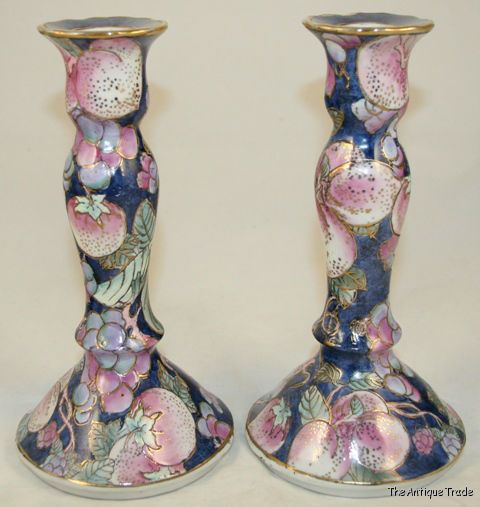 1970s Japanese hand painted porcelain 2 candlesticks by Toyo pottery
