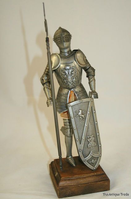 Vintage British 11 inch Knight ornament model metal on wooden stand