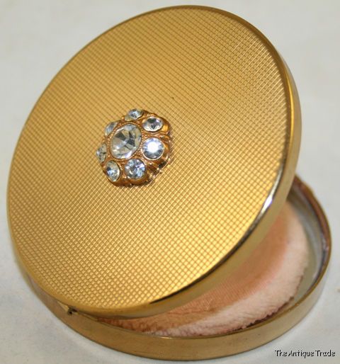 Vintage Helena Rubinstein powder compact Swarovski decorated yellow metal