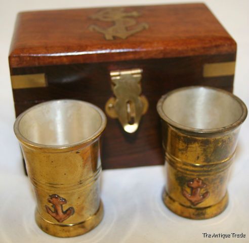 Vintage Sailor Necessities pocket wooden chest with 2 gilded shot glasses