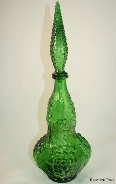 Italian Art Deco emerald green glass Large decanter in Grape pattern