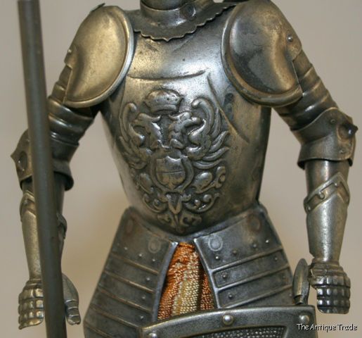 Vintage British 11 inch Knight ornament model metal on wooden stand