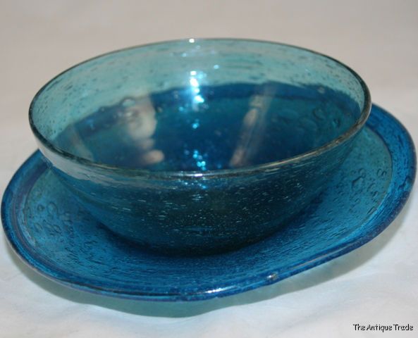 Exquisite Vintage Italian art hand shaped bubble glass tea bowl and saucer