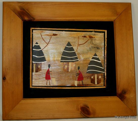 Vintage framed Tribal art collage with rural scenes Veneer on canvas