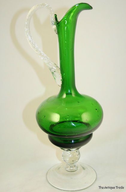 1950s Vintage Italian Venetian hand blown emerald green art glass Amphora Jug