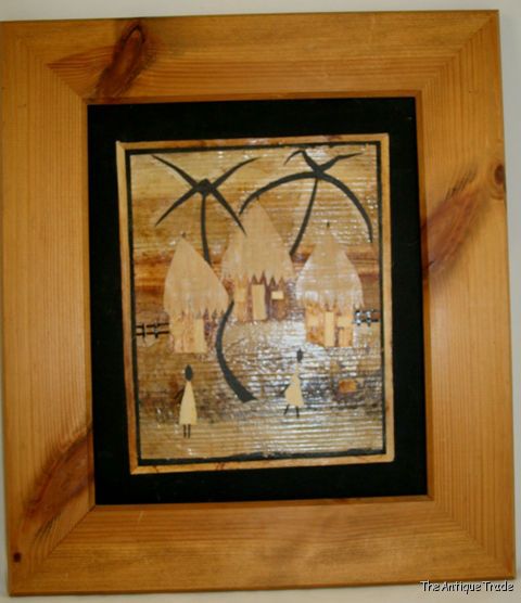 Vintage framed Tribal art collage with primitive rural scenes Veneer on canvas
