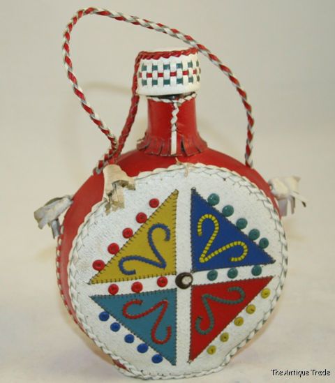 Vintage 1970s Serbian leather covered glass bottle decanter flask