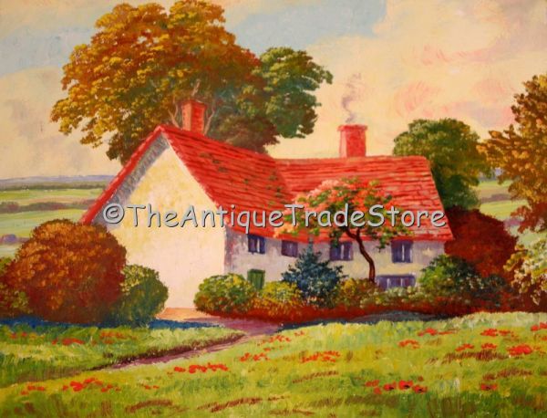 Vintage art original acrylic on board Cottage painting