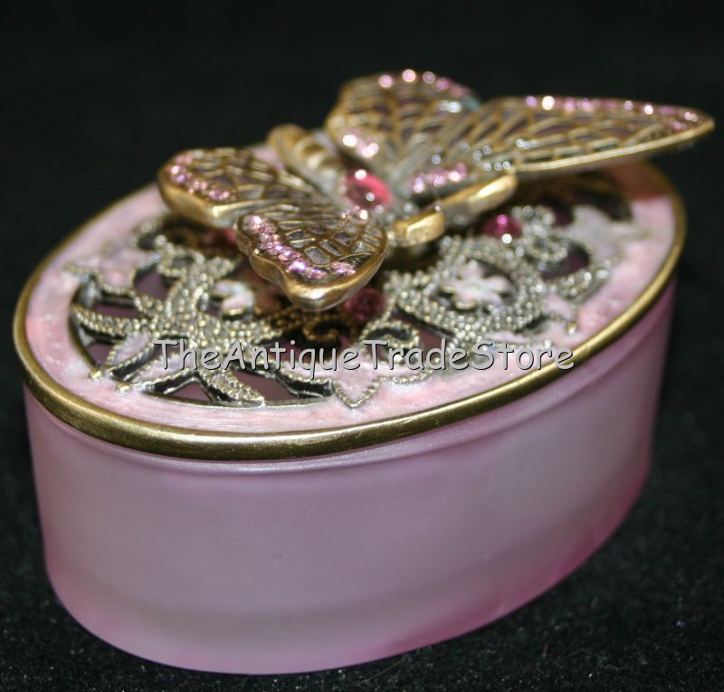 Retro Pink glass metal crystals miniature trinket box