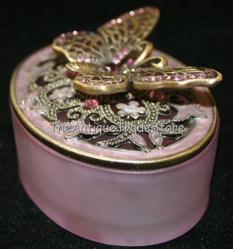 Retro Pink glass metal crystals miniature trinket box
