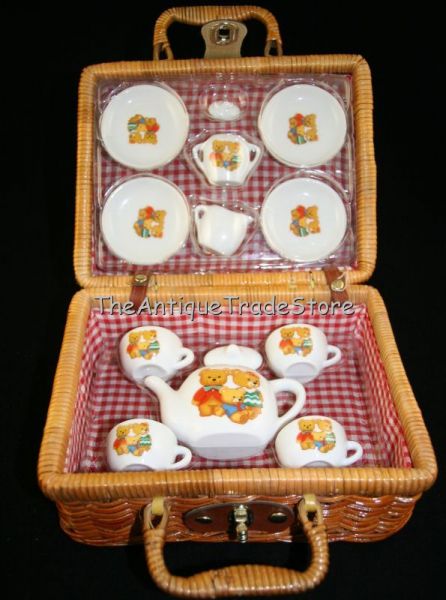 Ceramic Doll tea set in weave wicker picnic basket