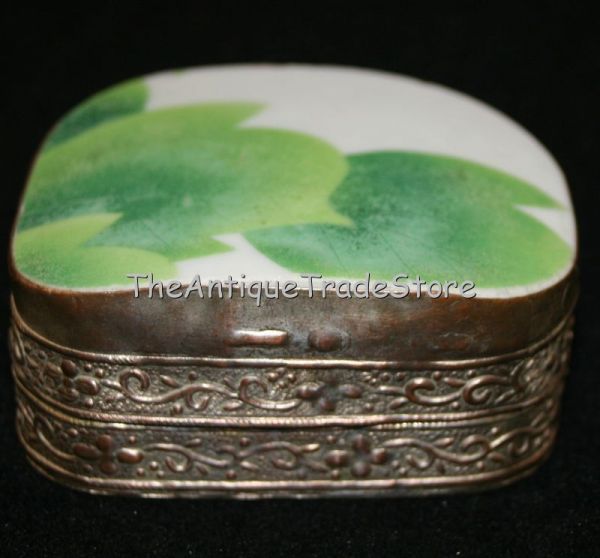 Vintage white metal porcelain art pill box miniature